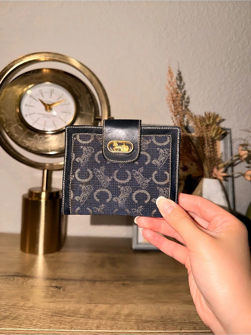 Vintage Celine Compact Wallet Navy Blue & Gold w signature C and Carriage motif